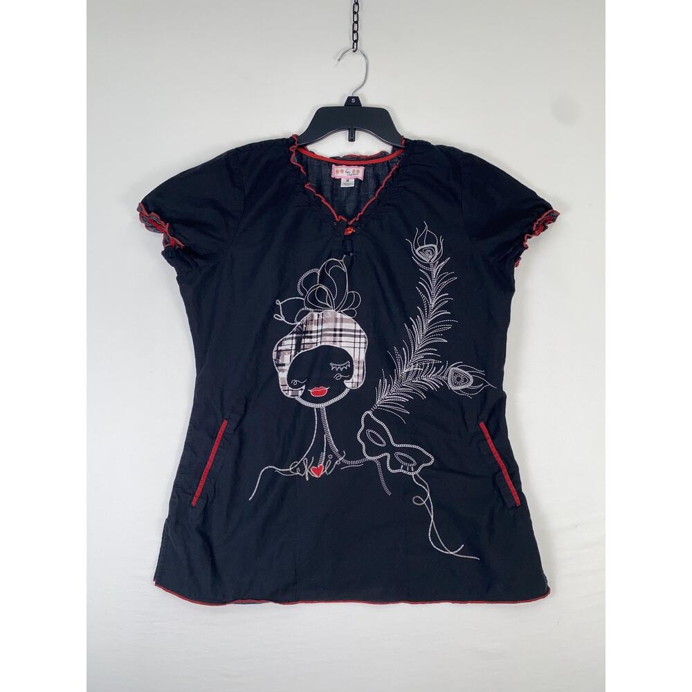 Koi By Kathy Peterson Blouse Womens Medium Black Embroidered V Neck Tunic Top